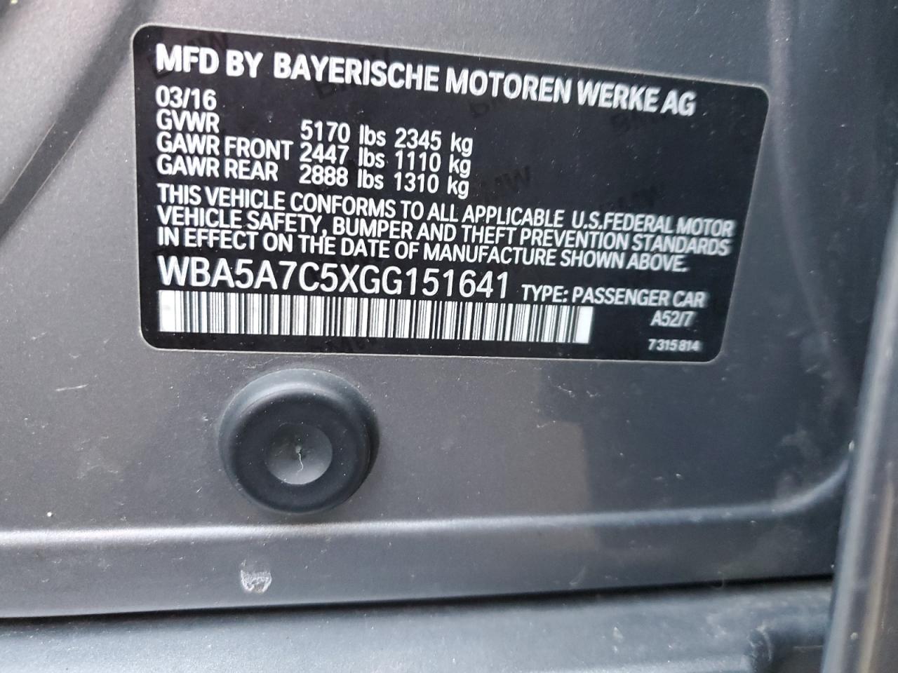 2016 BMW 5er VIN WBA5A7C5XGG151641 Copart auction photo, rear end / front end damage thumbnail 14