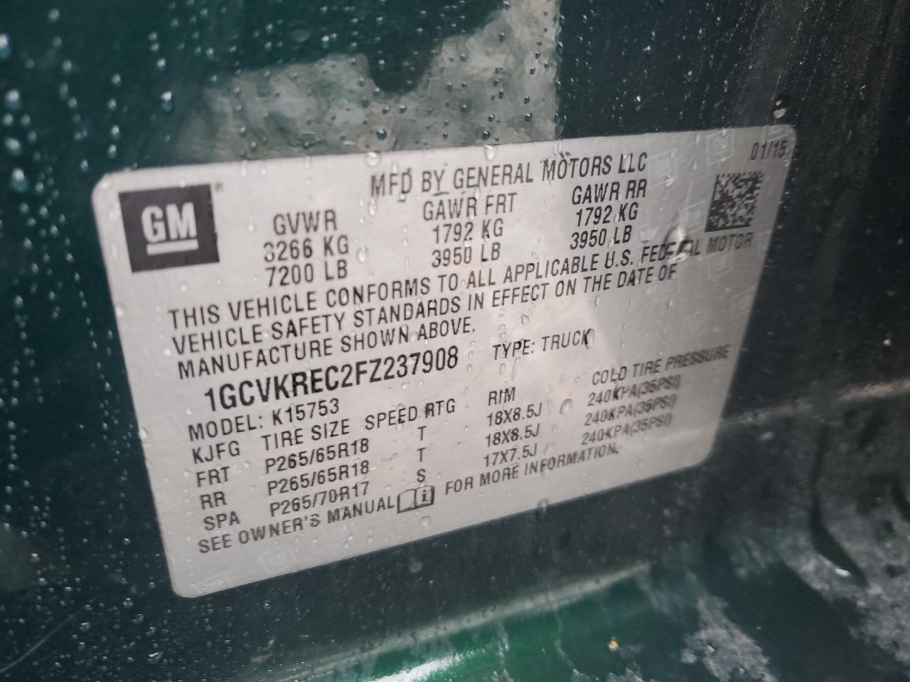 2015 Chevrolet Silverado VIN 1GCVKREC2FZ237908 Copart auction photo, side damage thumbnail 12