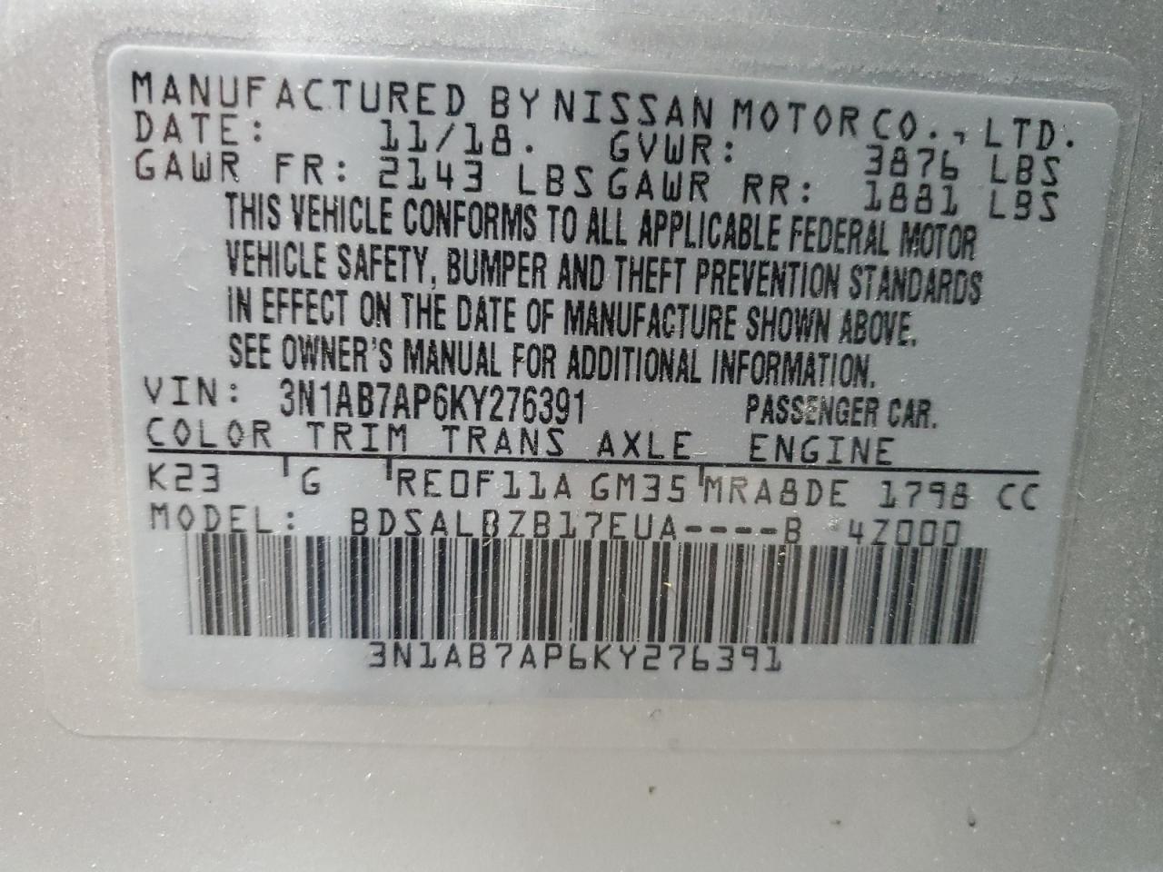 2019 Nissan Sentra VIN 3N1AB7AP6KY276391 Copart auction photo, front end damage thumbnail 14