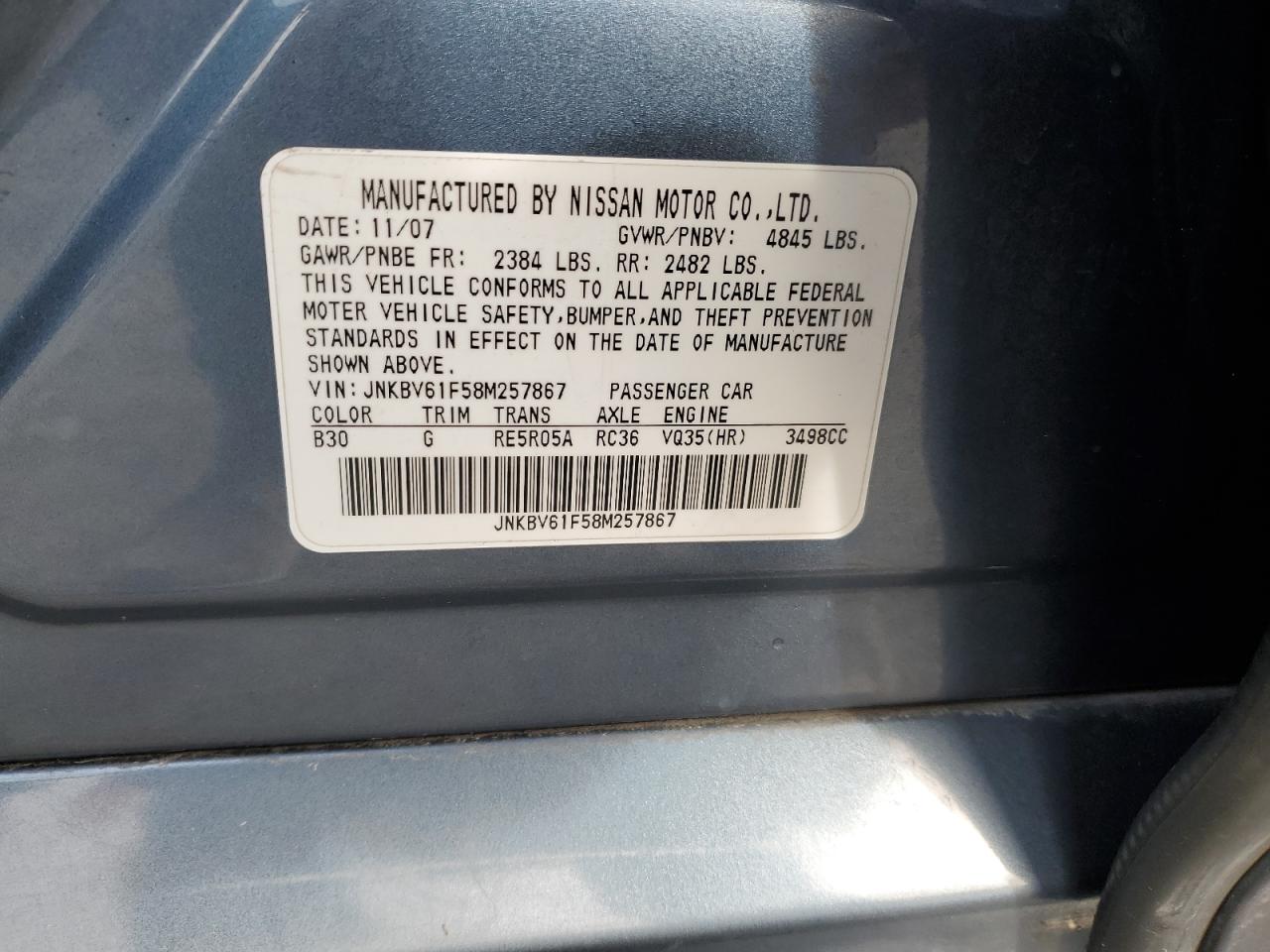 2008 Infiniti G VIN JNKBV61F58M257867 Copart auction photo, rear end damage thumbnail 12
