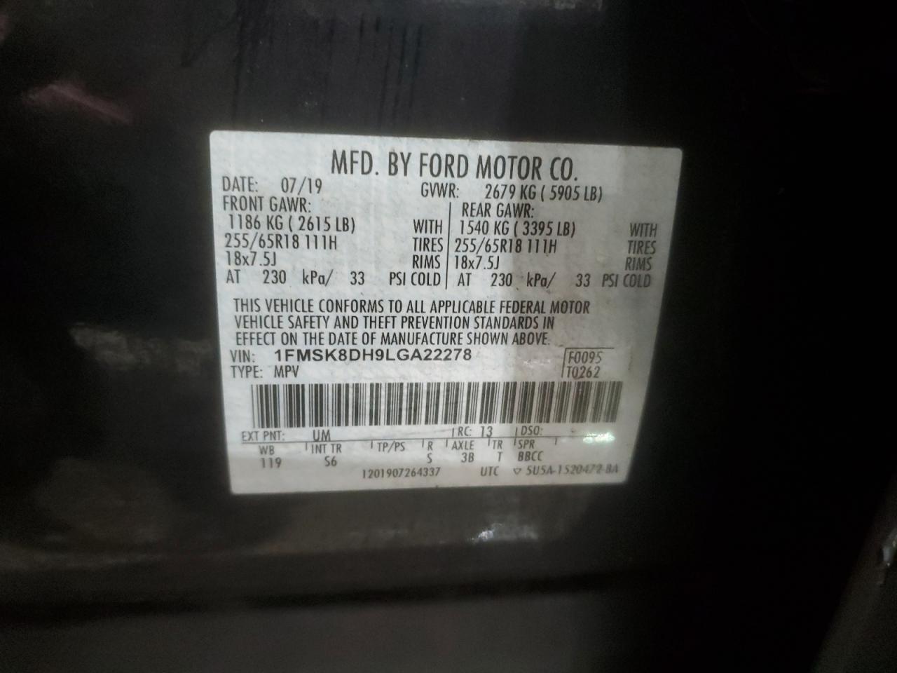 2020 Ford Explorer VIN 1FMSK8DH9LGA22278 Copart auction photo, rear end damage thumbnail 14