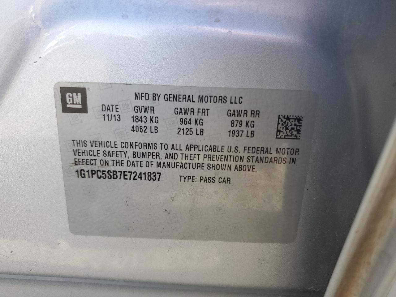 2014 Chevrolet Cruze VIN 1G1PC5SB7E7241837 Copart auction photo, rear end / side damage thumbnail 13