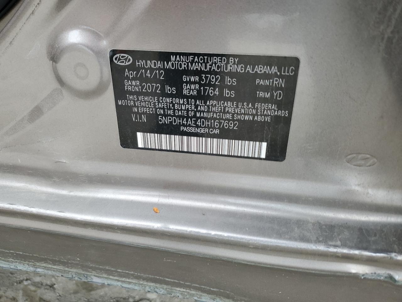 2013 Hyundai Elantra VIN 5NPDH4AE4DH167692 Copart auction photo, side damage thumbnail 12