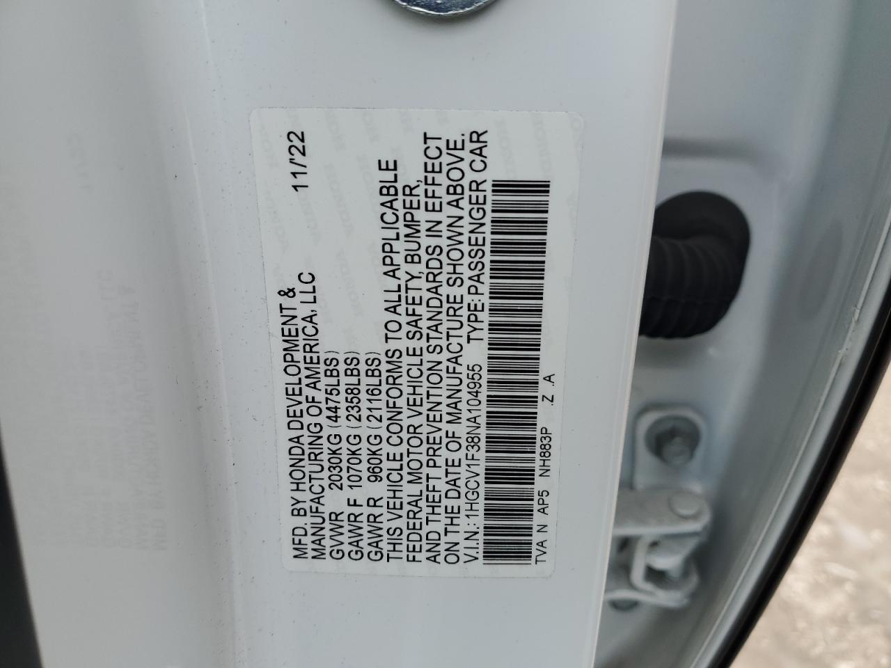 2022 Honda Accord VIN 1HGCV1F38NA104955 Copart auction photo, front end damage thumbnail 13