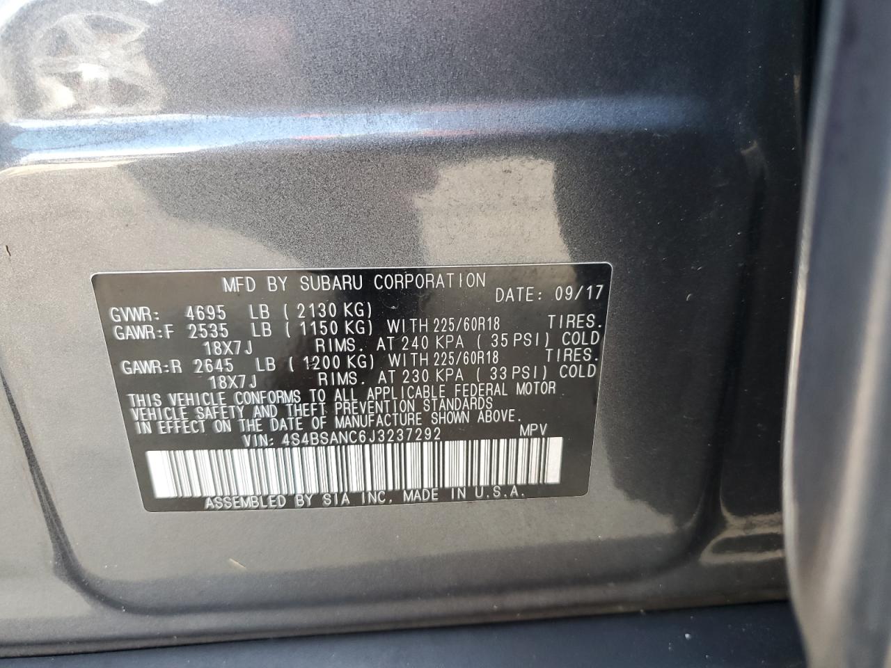 2018 Subaru Outback VIN 4S4BSANC6J3237292 Copart auction photo, water/flood damage thumbnail 13