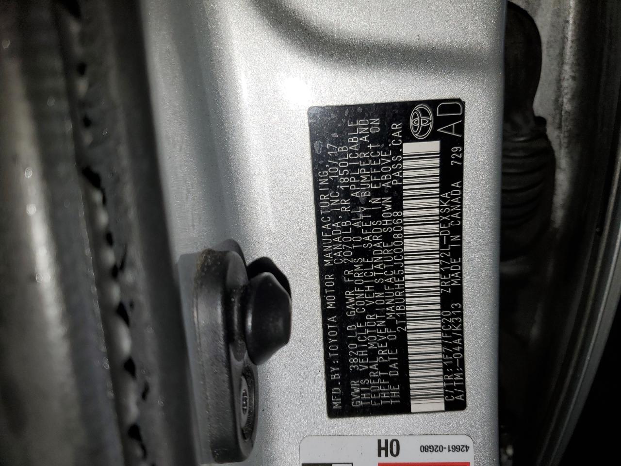 2018 Toyota Corolla VIN 2T1BURHE5JC008068 Copart auction photo, rear end / front end damage thumbnail 13