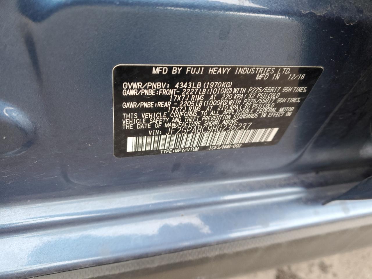 2017 Subaru XV VIN JF2GPABC9HG236237 Copart auction photo, front end damage thumbnail 12