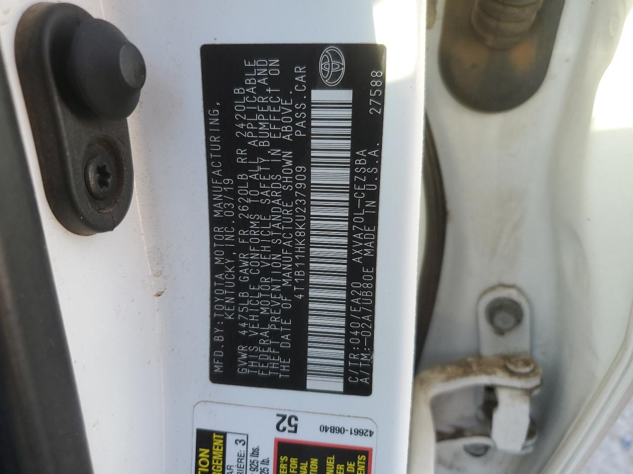 2019 Toyota Camry VIN 4T1B11HK8KU237909 Copart auction photo, front end damage thumbnail 14