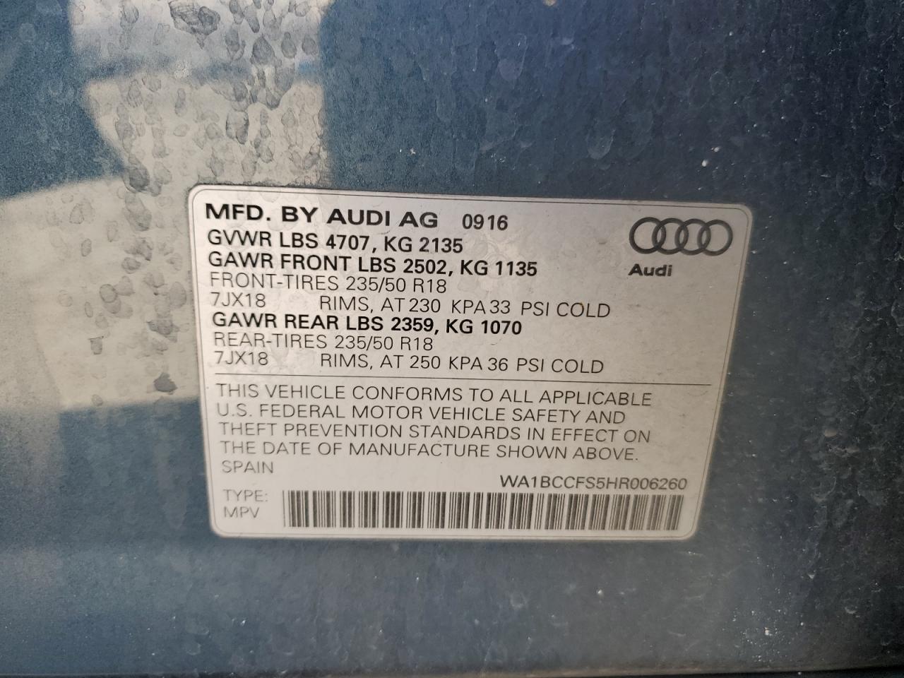 2017 Audi Q3 VIN WA1BCCFS5HR006260 Copart auction photo, front end damage thumbnail 12