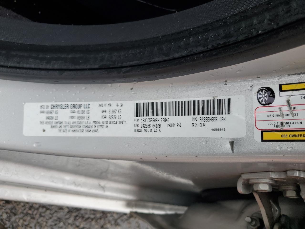2010 Dodge Avenger VIN 1B3CC5FB0AN177843 Copart auction photo, front end / rear end damage thumbnail 12