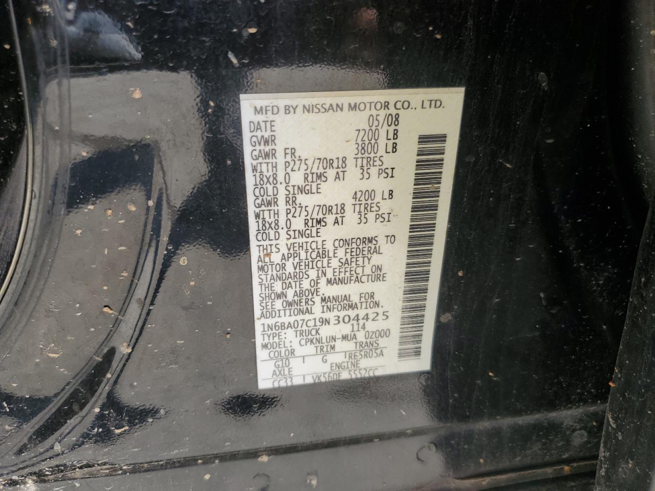2009 Nissan Titan VIN 1N6BA07C19N304425 Copart auction photo, rear end / minor dent/scratches damage thumbnail 14
