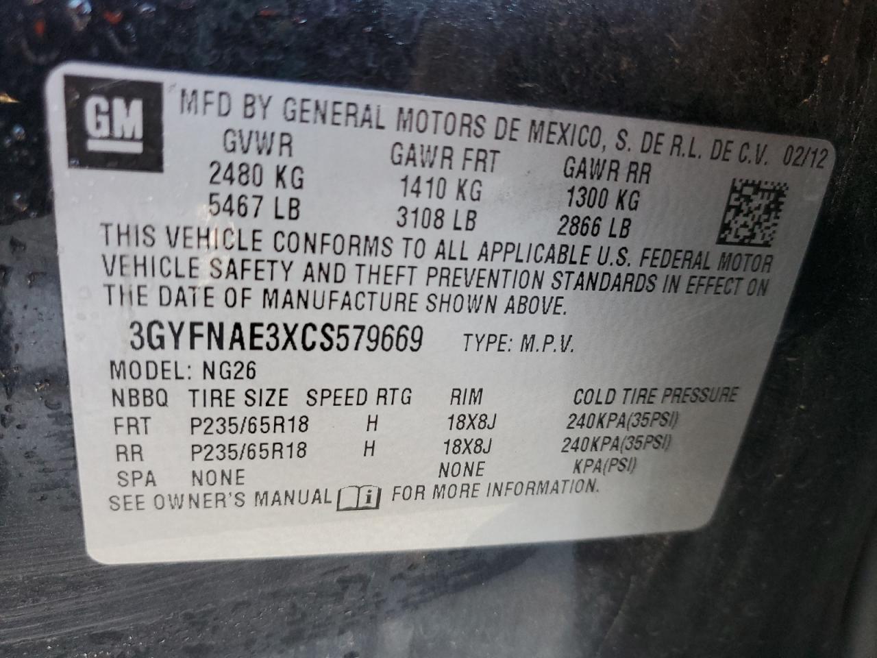 2012 Cadillac SRX VIN 3GYFNAE3XCS579669 Copart auction photo, rear end / side damage thumbnail 12