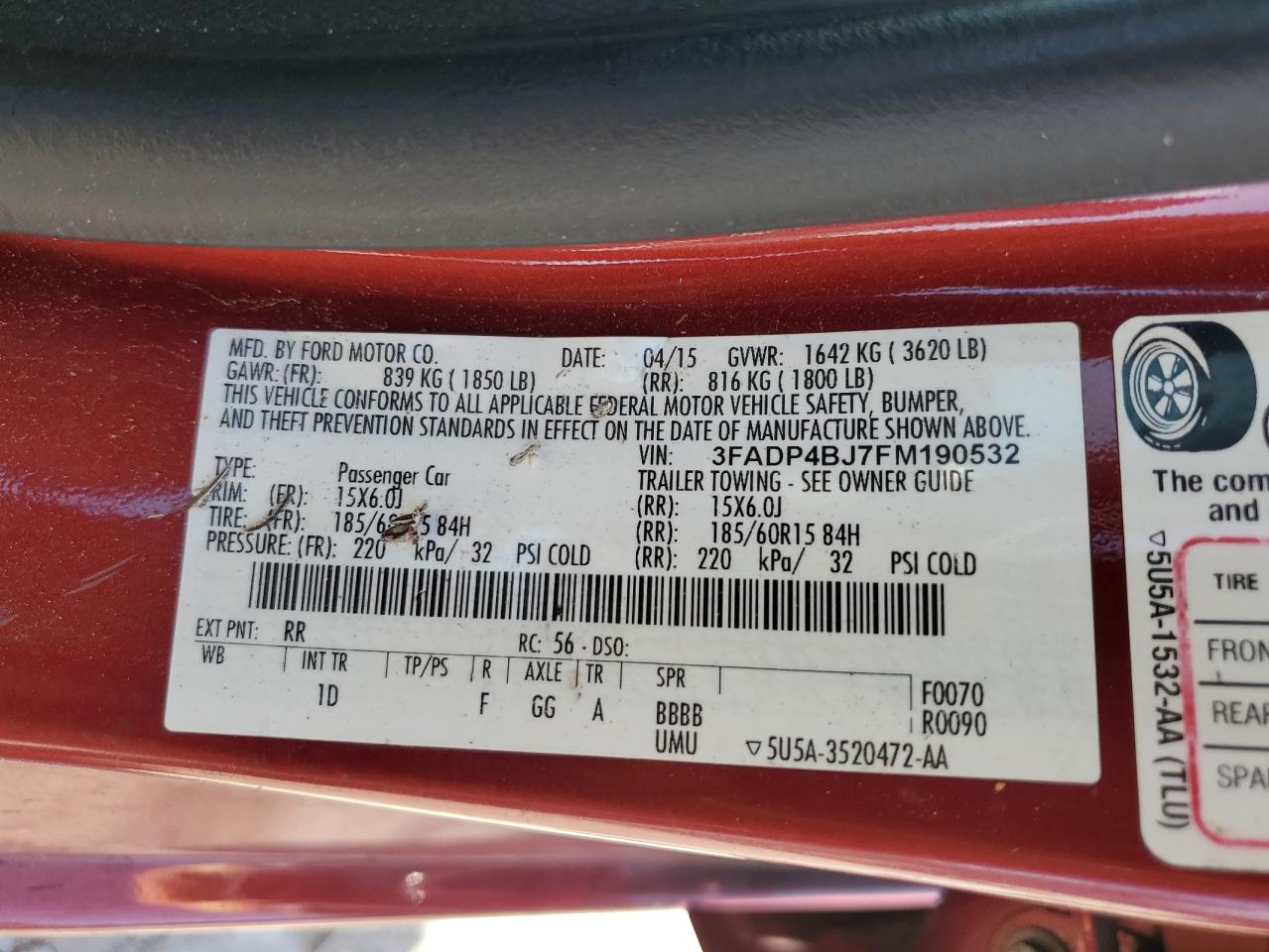 2015 Ford Fiesta VIN 3FADP4BJ7FM190532 Copart auction photo, rear end / minor dent/scratches damage thumbnail 12