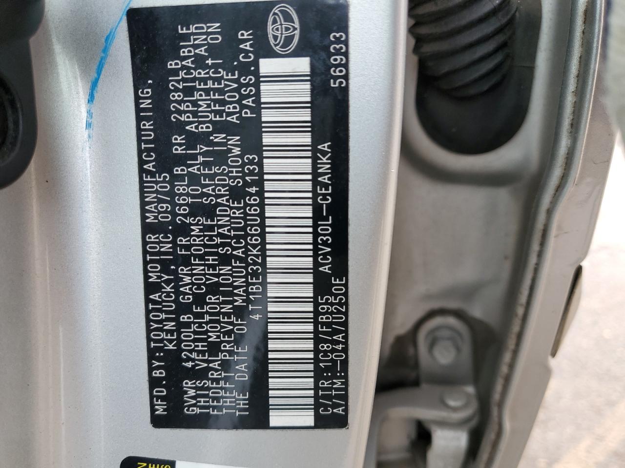 2006 Toyota Camry VIN 4T1BE32K66U664133 Copart auction photo, front end / mechanical damage thumbnail 14