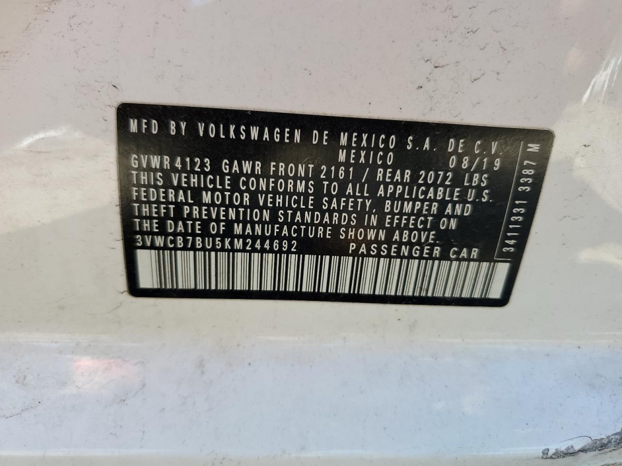 2019 Volkswagen Jetta VIN 3VWCB7BU5KM244692 Copart auction photo, front end / all over damage thumbnail 12