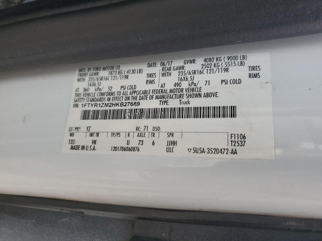 2017 Ford Transit VIN 1FTYR1ZM2HKB27689 Copart auction photo, vandalism / minor dent/scratches damage thumbnail 12
