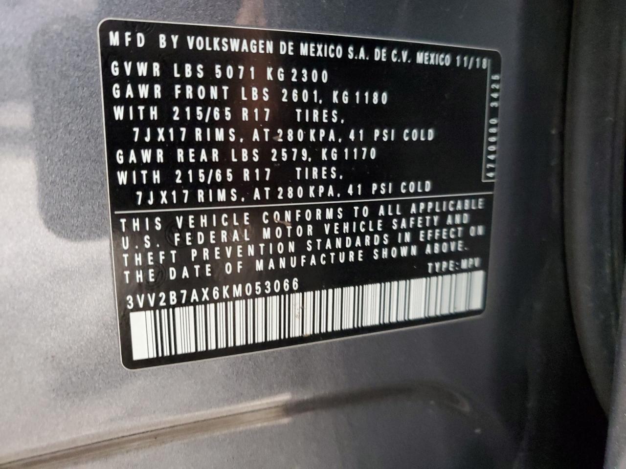 2019 Volkswagen Tiguan VIN 3VV2B7AX6KM053066 Copart auction photo, rear end damage thumbnail 13
