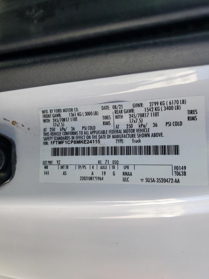 2021 Ford F-150 VIN 1FTMF1CP8MKE24115 Copart auction photo, front end damage thumbnail 12