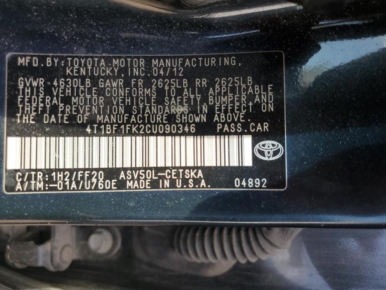 2012 Toyota Camry VIN 4T1BF1FK2CU090346 Copart auction photo, rear end / front end damage thumbnail 14