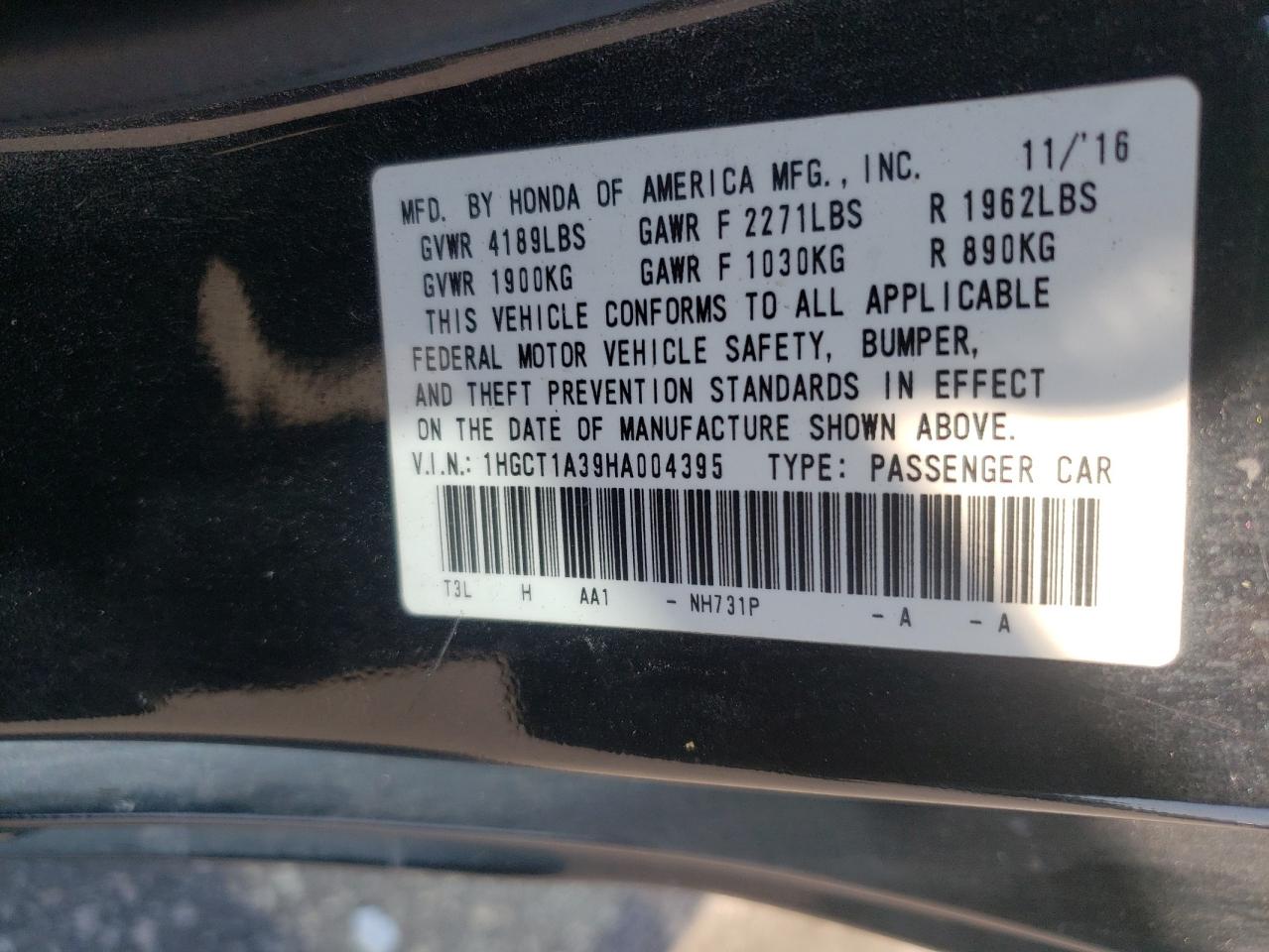2017 Honda Accord VIN 1HGCT1A39HA004395 Copart auction photo, front end damage thumbnail 12