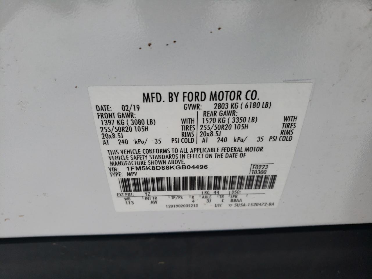 2019 Ford Explorer VIN 1FM5K8D88KGB04496 Copart auction photo, rear end / front end damage thumbnail 13