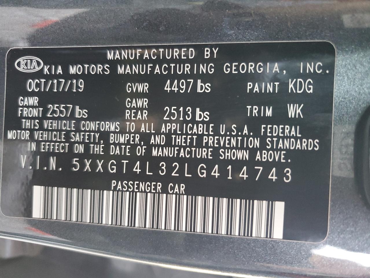 2020 KIA Optima VIN 5XXGT4L32LG414743 Copart auction photo, rear end damage thumbnail 15