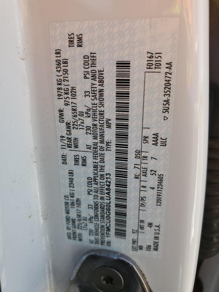 2020 Ford Escape VIN 1FMCU0G60LUA84213 Copart auction photo, front end / rear end damage thumbnail 15