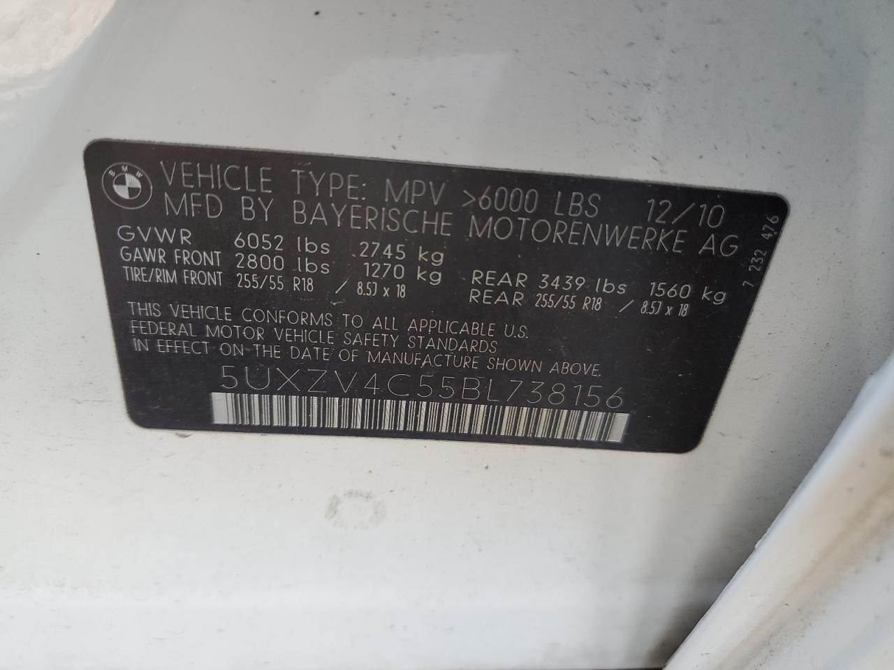 2011 BMW X5 VIN 5UXZV4C55BL738156 Copart auction photo, front end / minor dent/scratches damage thumbnail 14