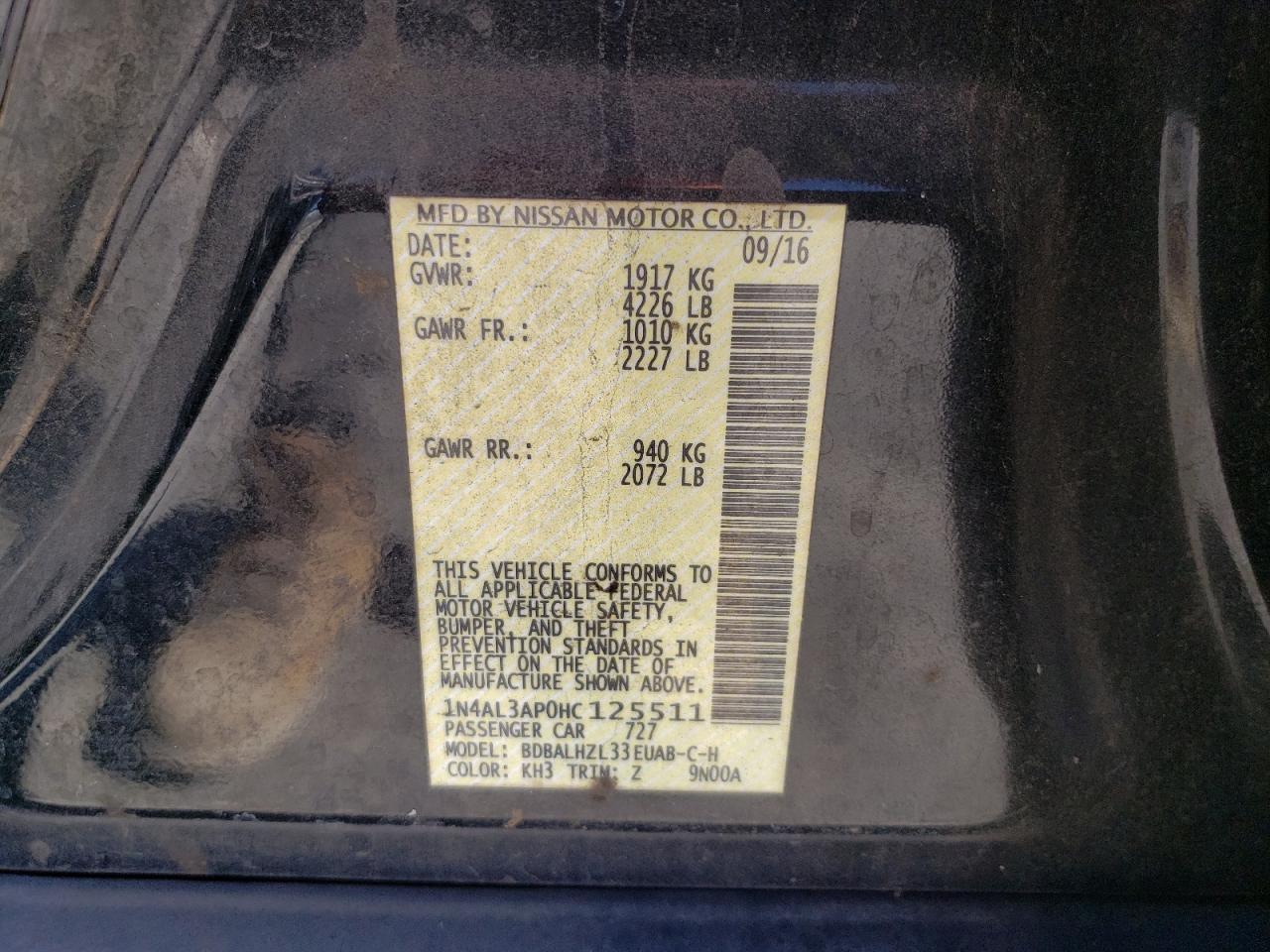 2017 Nissan Altima VIN 1N4AL3AP0HC125511 Copart auction photo, front end / minor dent/scratches damage thumbnail 12
