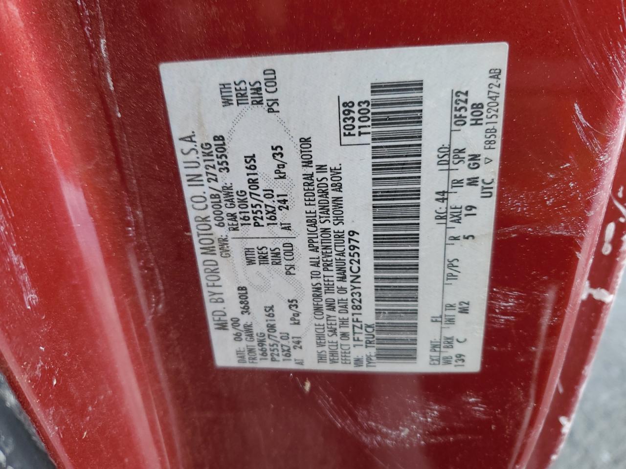 2000 Ford F-150 VIN 1FTZF1823YNC25979 Copart auction photo, front end / side damage thumbnail 12