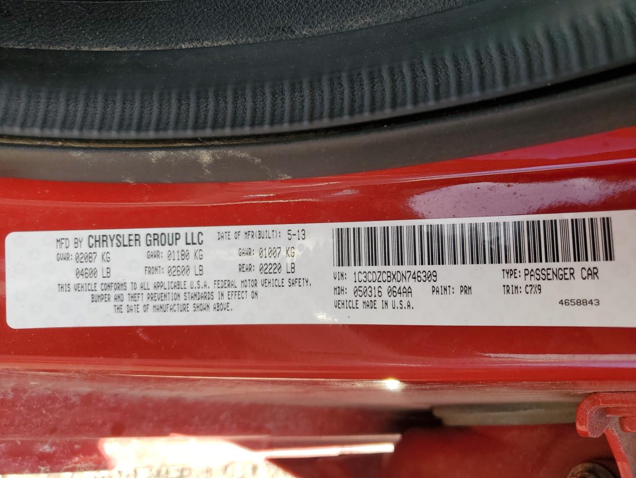 2013 Dodge Avenger VIN 1C3CDZCBXDN746309 Copart auction photo, front end / side damage thumbnail 12