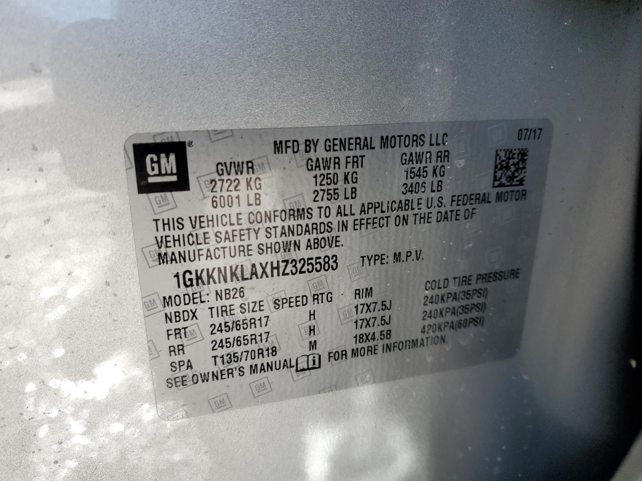 2017 GMC Acadia VIN 1GKKNKLAXHZ325583 Copart auction photo, rear end / front end damage thumbnail 13