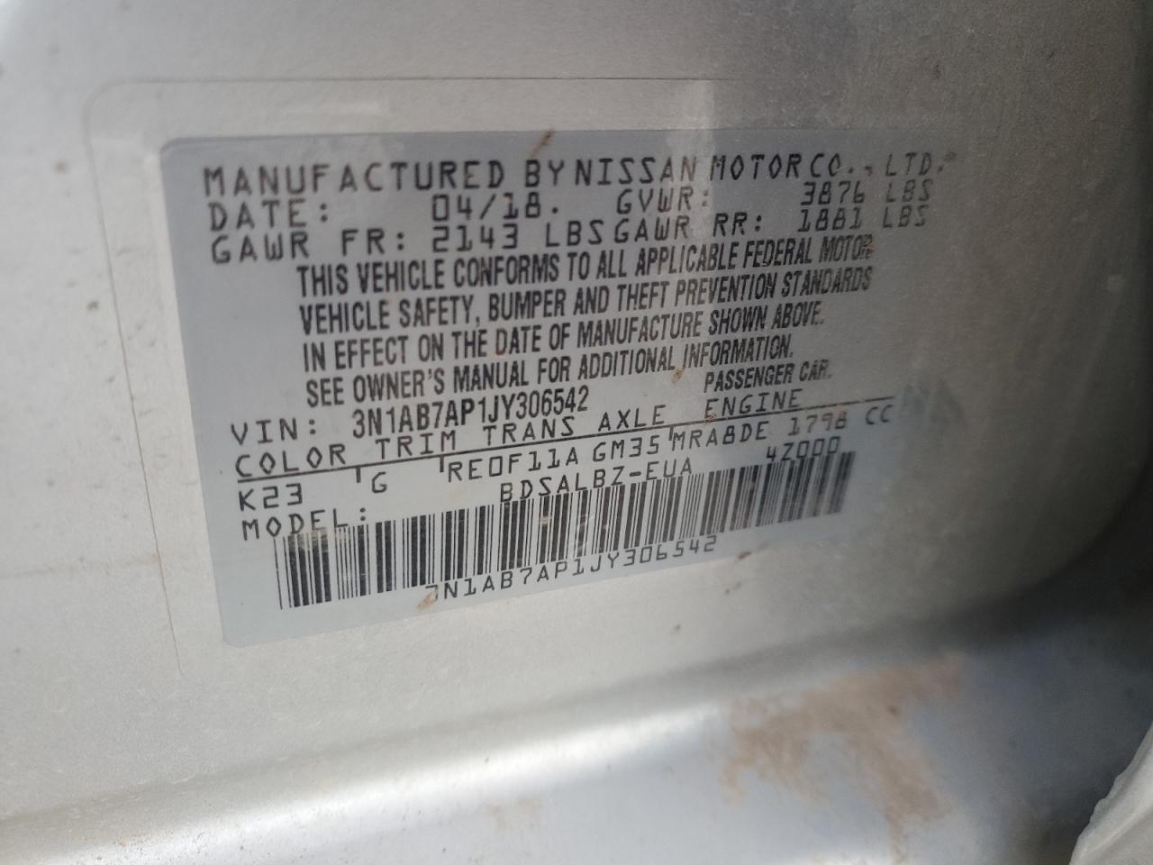 2018 Nissan Sentra VIN 3N1AB7AP1JY306542 Copart auction photo, front end / mechanical damage thumbnail 12