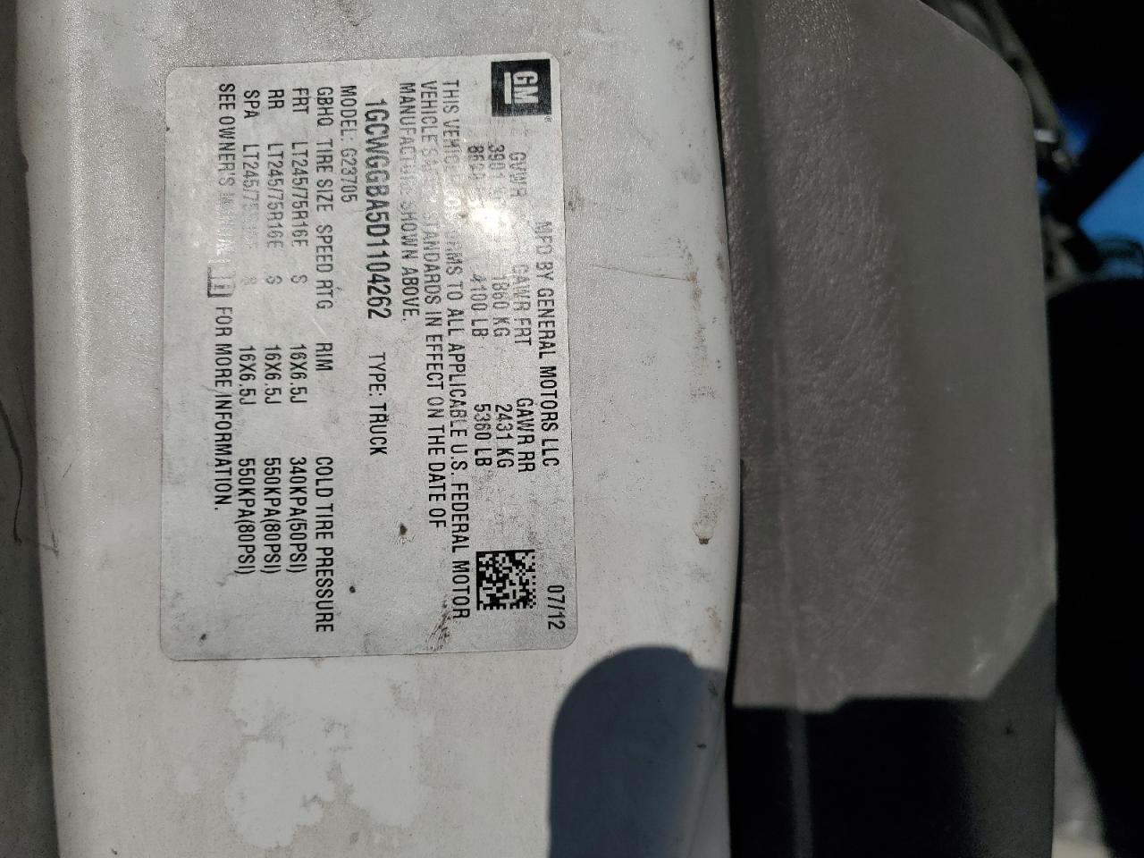 2013 Chevrolet Express VIN 1GCWGGBA5D1104262 Copart auction photo, rear end damage thumbnail 13
