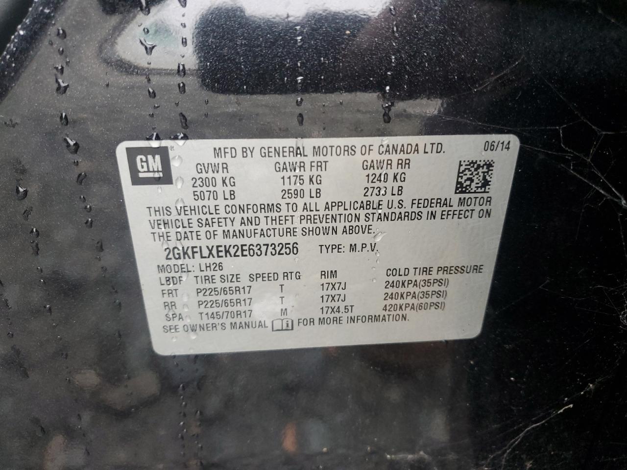 2014 GMC Terrain VIN 2GKFLXEK2E6373256 Copart auction photo, front end damage thumbnail 13
