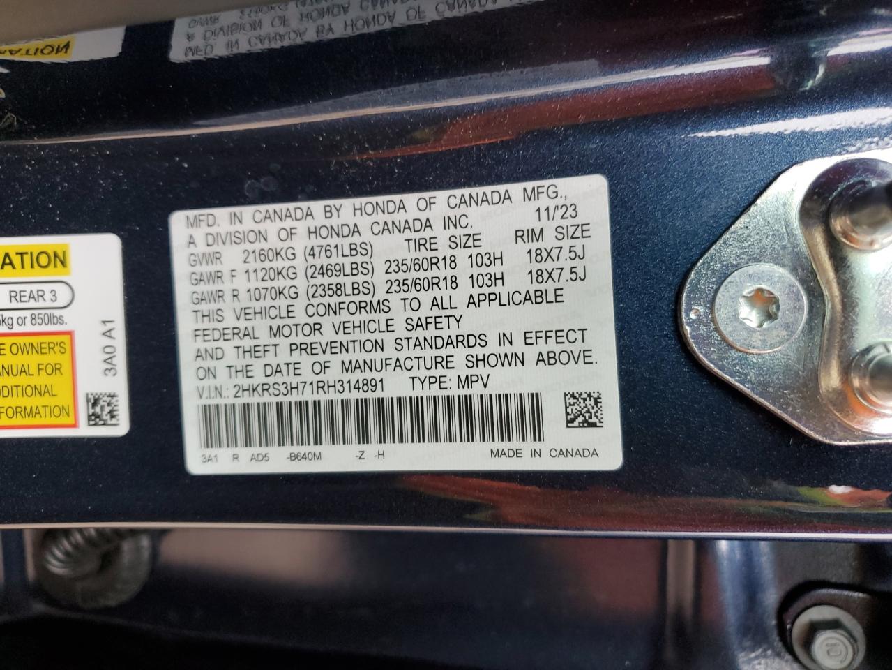 2024 Honda CR-V VIN 2HKRS3H71RH314891 Copart auction photo, rear end / side damage thumbnail 13