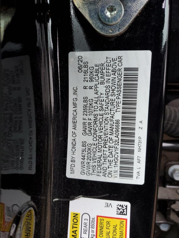 2020 Honda Accord VIN 1HGCV1F32LA096686 Copart auction photo, rear end damage thumbnail 12
