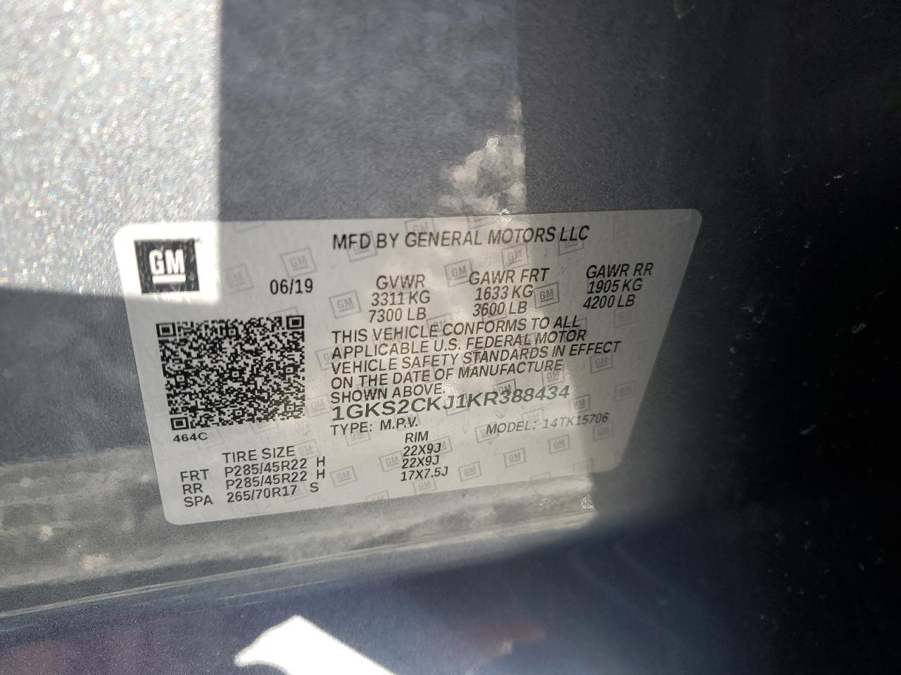 2019 GMC Yukon VIN 1GKS2CKJ1KR388434 Copart auction photo, front end / side damage thumbnail 13