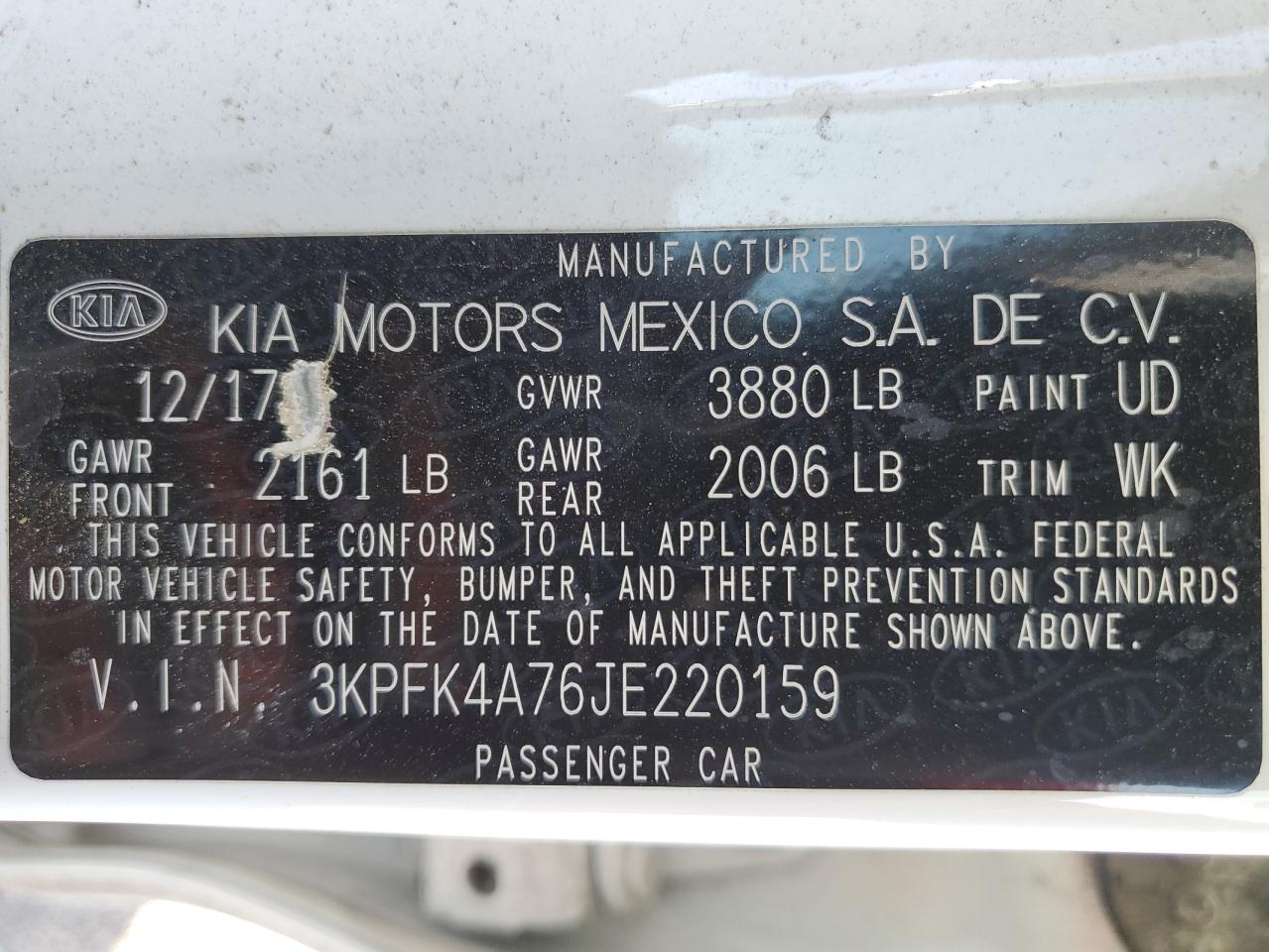 2018 KIA Forte VIN 3KPFK4A76JE220159 Copart auction photo, front end damage thumbnail 15