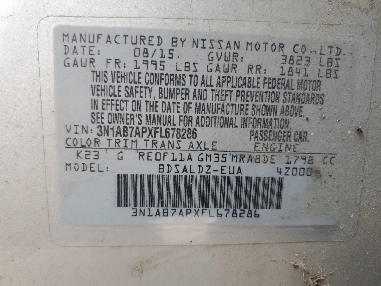 2015 Nissan Sentra VIN 3N1AB7APXFL678286 Copart auction photo, front end / minor dent/scratches damage thumbnail 16