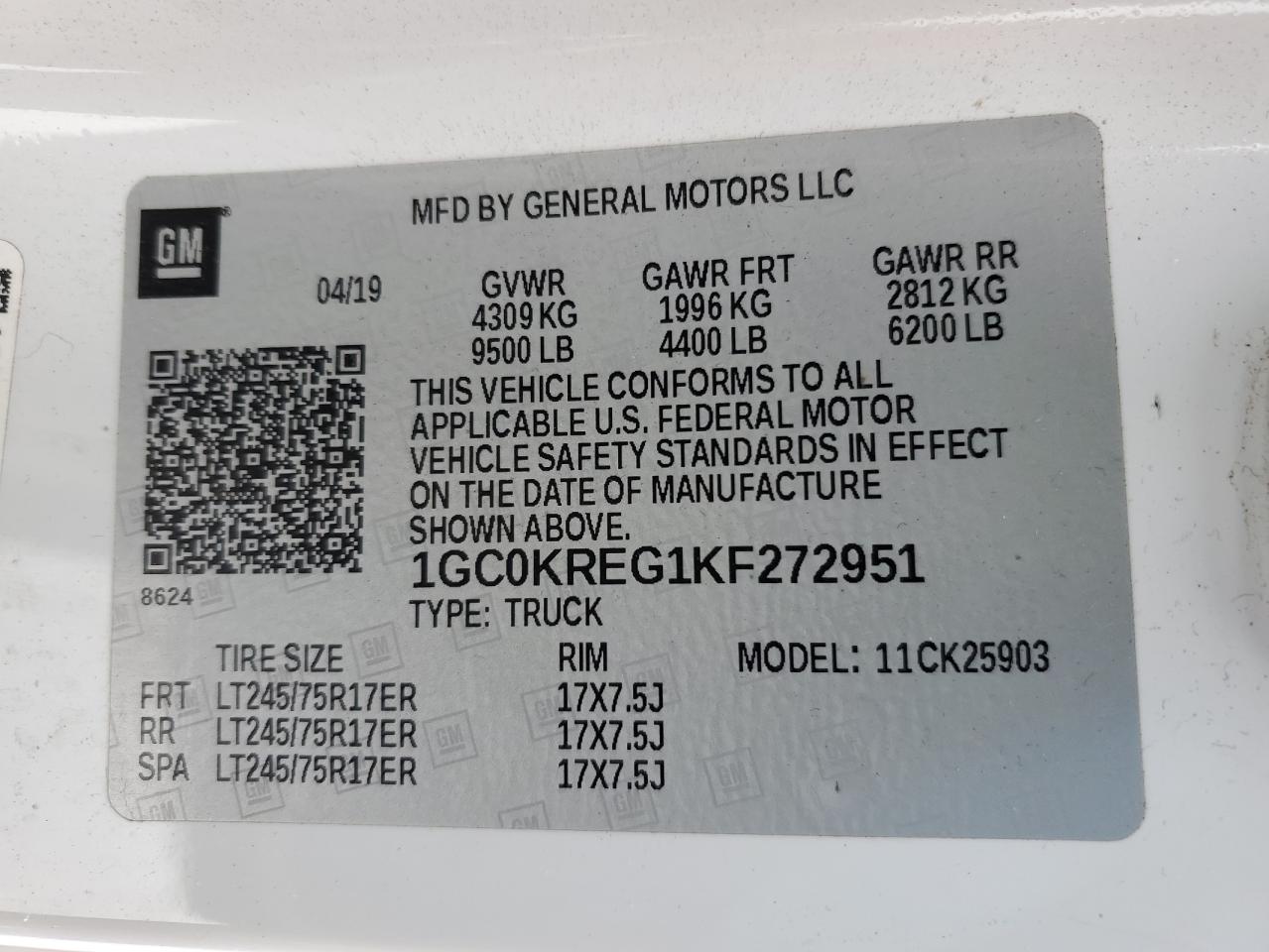 2019 Chevrolet Silverado VIN 1GC0KREG1KF272951 Copart auction photo, front end / side damage thumbnail 13
