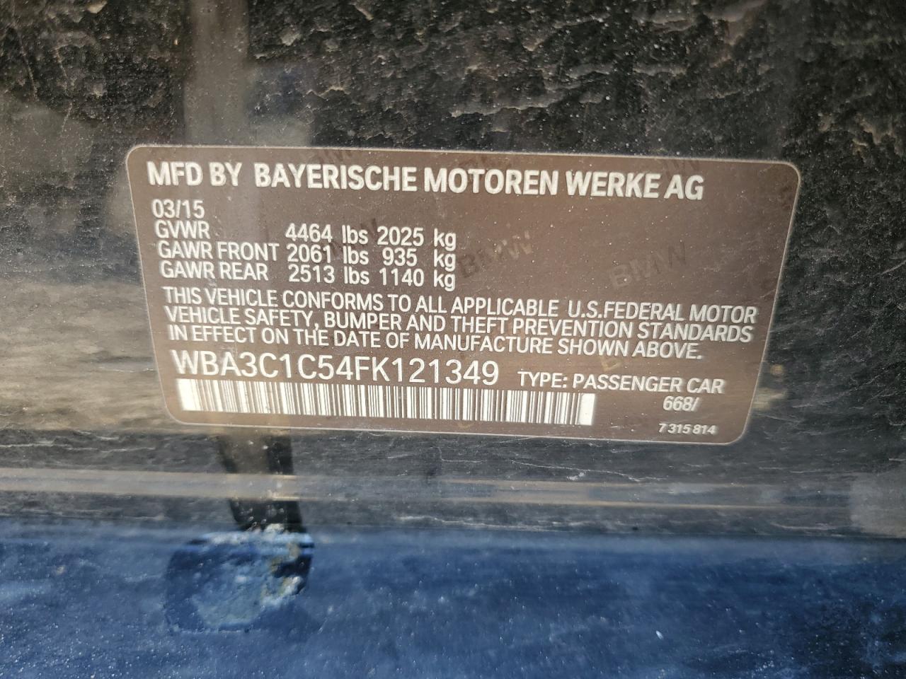 2015 BMW 3er VIN WBA3C1C54FK121349 Copart auction photo, front end / side damage thumbnail 12