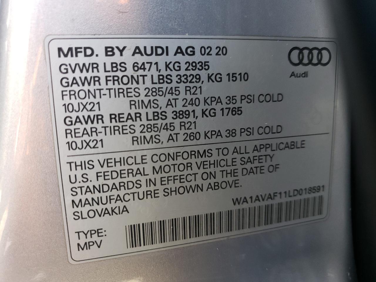 2020 Audi Q8 VIN WA1AVAF11LD018591 Copart auction photo, front end / undercarriage damage thumbnail 16