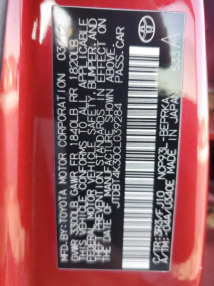 2012 Toyota Yaris VIN JTDBT4K30CL039284 Copart auction photo, front end / minor dent/scratches damage thumbnail 12