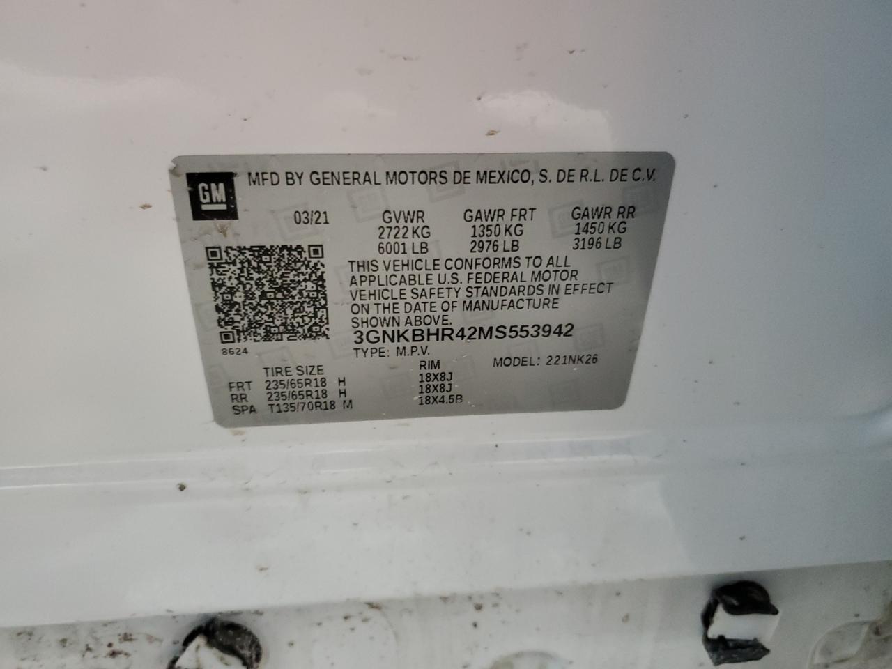 2021 Chevrolet Blazer VIN 3GNKBHR42MS553942 Copart auction photo, side damage thumbnail 14