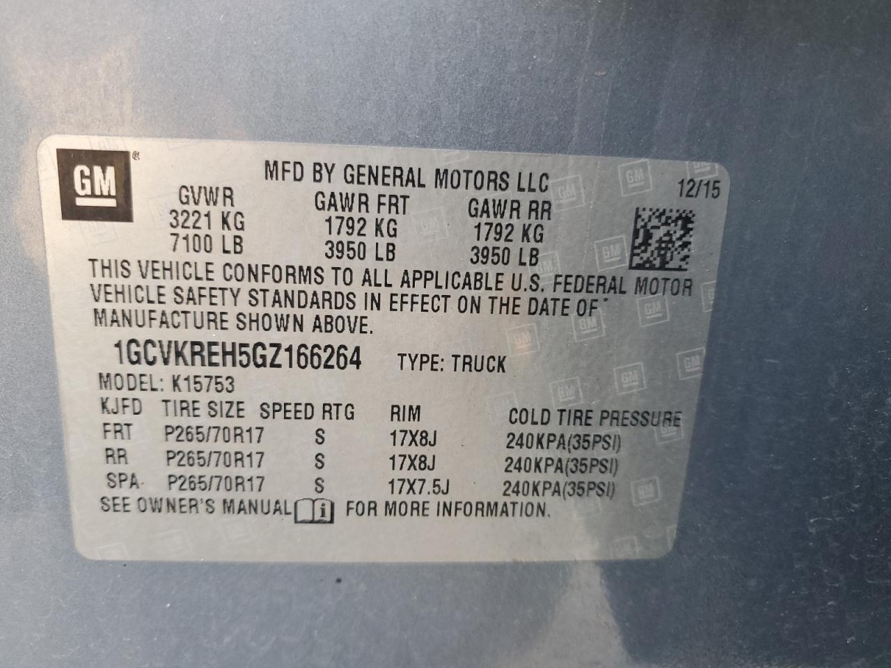 2016 Chevrolet Silverado VIN 1GCVKREH5GZ166264 Copart auction photo, side / rear end damage thumbnail 12
