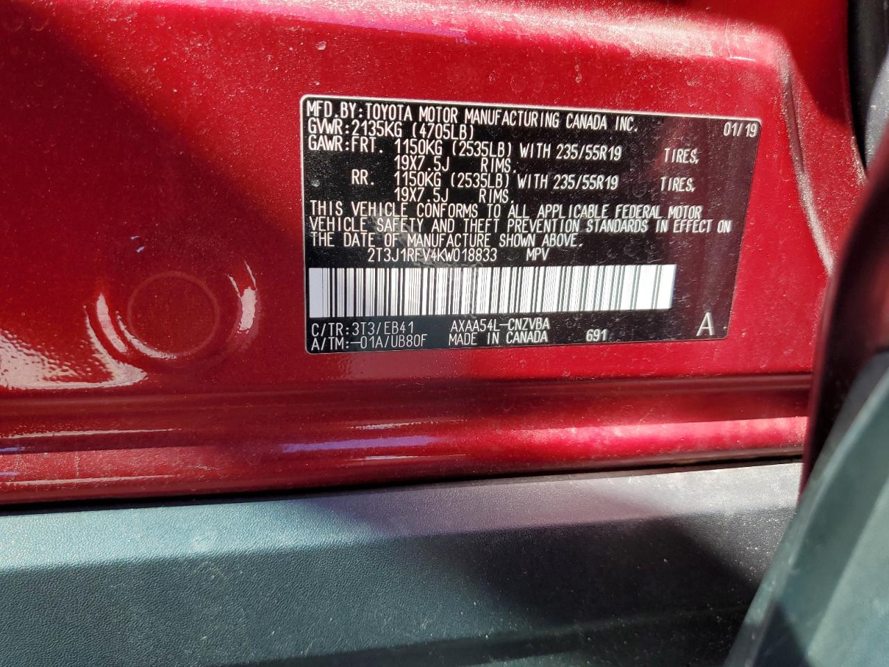 2019 Toyota RAV 4 VIN 2T3J1RFV4KW018833 Copart auction photo, rear end / front end damage thumbnail 14