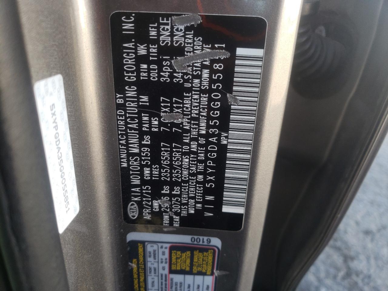 2016 KIA Sorento VIN 5XYPGDA35GG055851 Copart auction photo, side / front end damage thumbnail 15