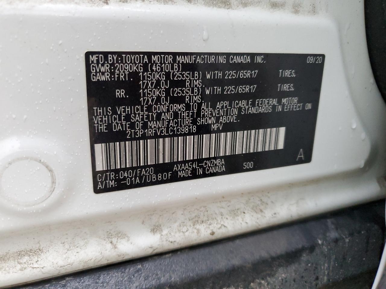 2020 Toyota RAV 4 VIN 2T3P1RFV3LC139818 Copart auction photo, side / all over damage thumbnail 15