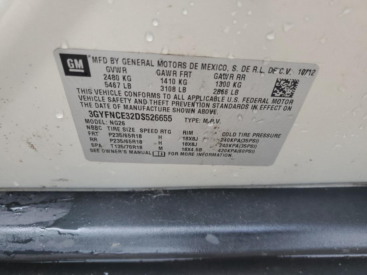 2013 Cadillac SRX VIN 3GYFNCE32DS526655 Copart auction photo, front end damage thumbnail 13